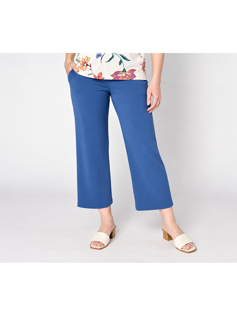 Susan Graver Essentials Regular Liquid Knit Wide-Leg Crop Pants Royal, Large